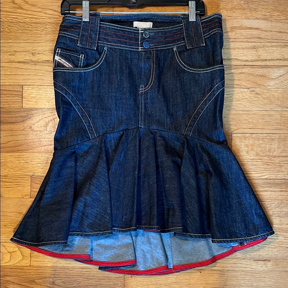 Denim Flared Skirt with Red Trim